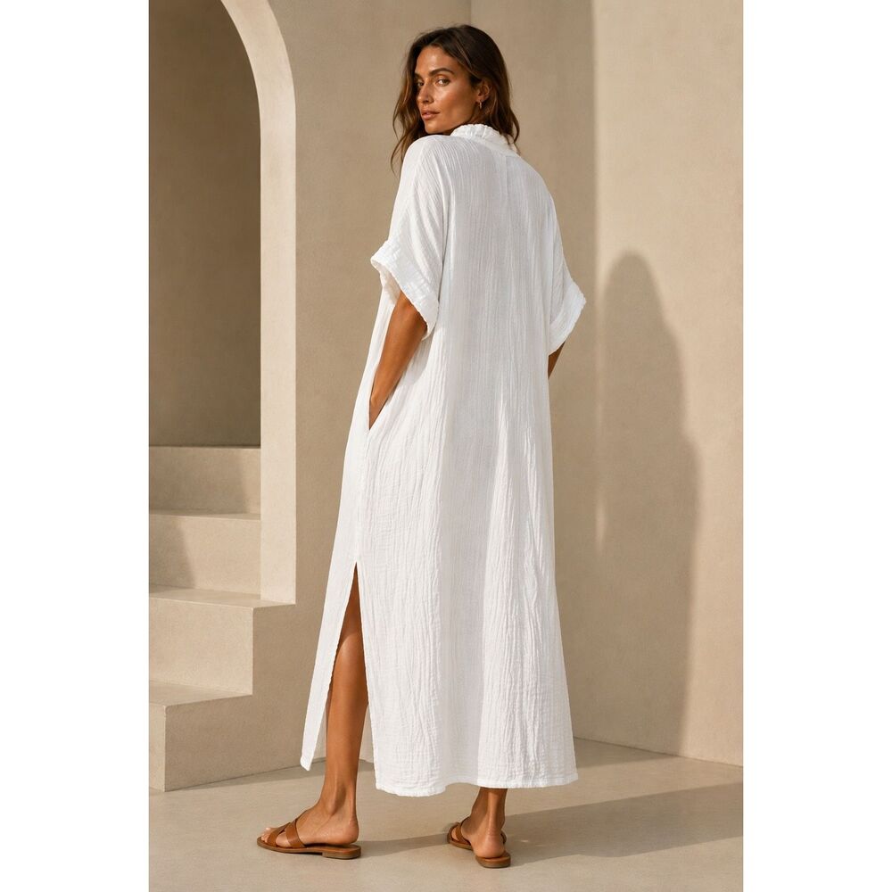 Honest Cotton White Double Gauze Maxi Caftan Dress One Size Resort Vacation - Picture 2 of 13